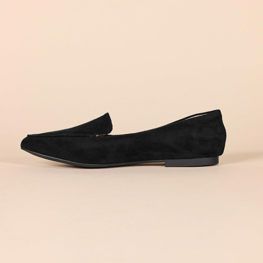Womens Black Faux Leather Closed Pointed Toe Low Wedge Heels Loafer Flat Shoes - Picture 3 of 6